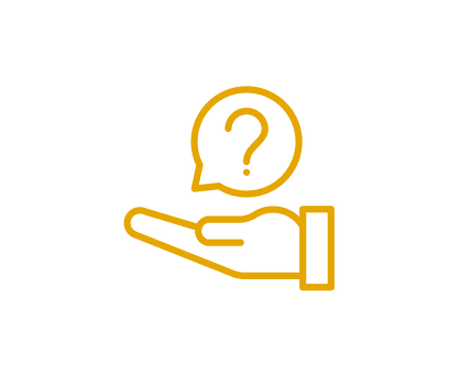 Orange outline of a hand holding a speech bubble containing a question mark on a black background.
