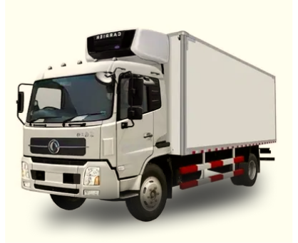 White refrigerated box truck viewed from front left side on a light background.