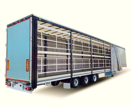 Side view of an open semi-trailer truck with a partially drawn curtain side.